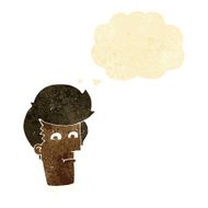 cartoon man narrowing eyes with thought bubble