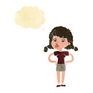 cartoon pretty girl with hands on hips thought bubble