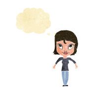 cartoon girl shrugging shoulders with thought bubble N4