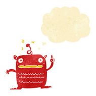 cartoon weird little alien with thought bubble