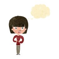 cartoon woman gesturing at herself with thought bubble N2