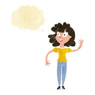 cartoon worried woman waving with thought bubble