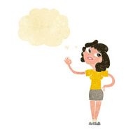 cartoon woman waving with thought bubble N2