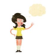 cartoon pretty woman waving for attention with thought bubble N2
