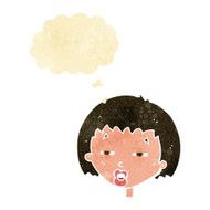 cartoon woman narrowing eyes with thought bubble N2