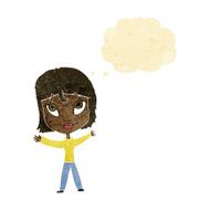 cartoon happy woman waving arms with thought bubble