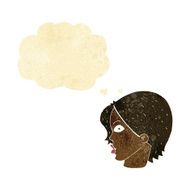 cartoon staring woman with thought bubble