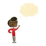 cartoon friendly waving woman with thought bubble