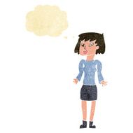cartoon woman shrugging shoulders with thought bubble N6