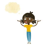 cartoon woman throwing arms in air with thought bubble