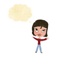cartoon happy woman waving arms with thought bubble N2