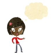cartoon pretty woman pointing with thought bubble