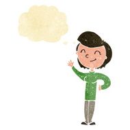 cartoon friendly waving woman with thought bubble N2