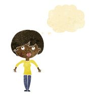 cartoon woman shrugging shoulders with thought bubble N7