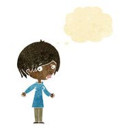 cartoon woman shrugging shoulders with thought bubble N8