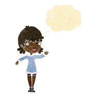 cartoon woman waving with thought bubble N5