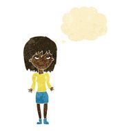 cartoon woman shrugging shoulders with thought bubble N9