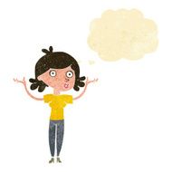 cartoon woman throwing arms in air with thought bubble N2