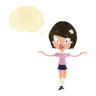 cartoon woman making balancing gesture with thought bubble N2