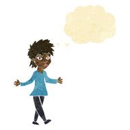cartoon woman shrugging shoulders with thought bubble N10