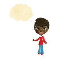 cartoon woman shrugging shoulders with thought bubble N11