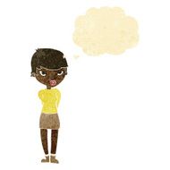 cartoon shy woman with thought bubble