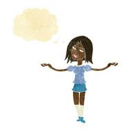 cartoon woman shrugging shoulders with thought bubble N12