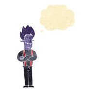 cartoon happy vampire man with thought bubble