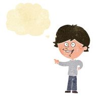 cartoon boy laughing and pointing with thought bubble N2