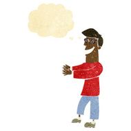 cartoon grinning man wearing glasses with thought bubble