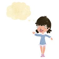 cartoon woman waving with thought bubble N6
