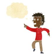cartoon happy man pointing with thought bubble