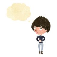 cartoon woman considering with thought bubble