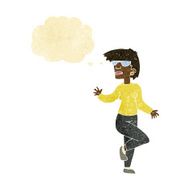 cartoon woman waving with thought bubble N7