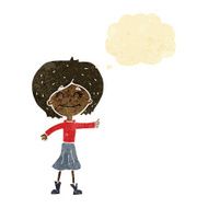 cartoon happy girl giving thumbs up symbol with thought bubble