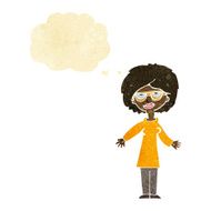 cartoon woman wearing glasses with thought bubble