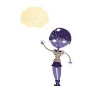 cartoon vampire girl waving with thought bubble