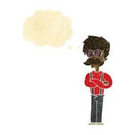 cartoon hipster man with mustache and spectacles thought bu
