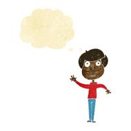 cartoon happy man waving with thought bubble