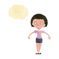 cartoon confused woman shrugging shoulders with thought bubble N2