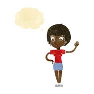 cartoon woman waving with thought bubble N13