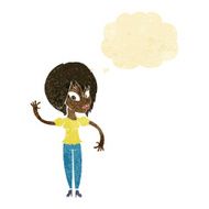 cartoon woman waving with thought bubble N14