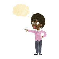 cartoon woman accusing with thought bubble