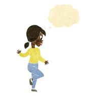 cartoon woman waving with thought bubble N15