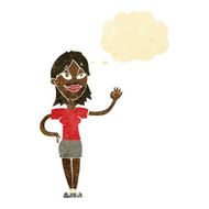 cartoon woman waving with thought bubble N16