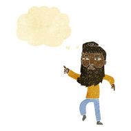 cartoon bearded man pointing the way with thought bubble