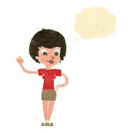 cartoon woman waving with thought bubble N17