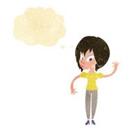 cartoon woman waving with thought bubble N18