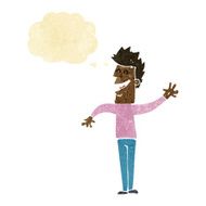cartoon happy man waving with thought bubble N3