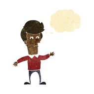 cartoon waving man with thought bubble